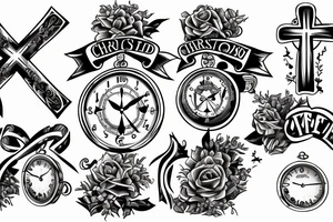 Christian tattoo, with a cross, Jesus praying, and a clock. tattoo idea