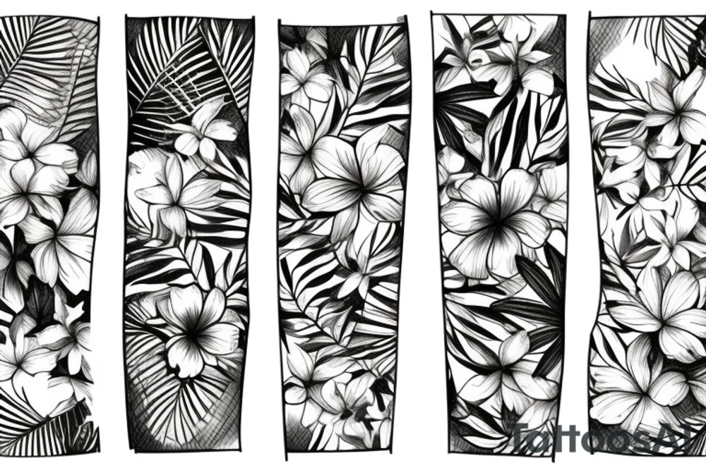 Fleurs et feuilles tropicale et fougères et feuille de chene et pomme de pain et gland, old school tattoo idea