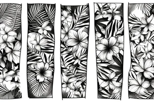 Fleurs et feuilles tropicale et fougères et feuille de chene et pomme de pain et gland, old school tattoo idea