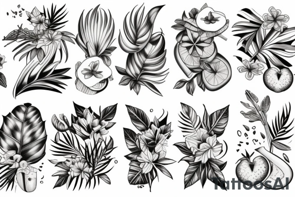 Fleurs et feuilles tropicale et fougères et feuille de chene et pomme de pain et gland, old school tattoo idea