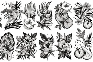 Fleurs et feuilles tropicale et fougères et feuille de chene et pomme de pain et gland, old school tattoo idea