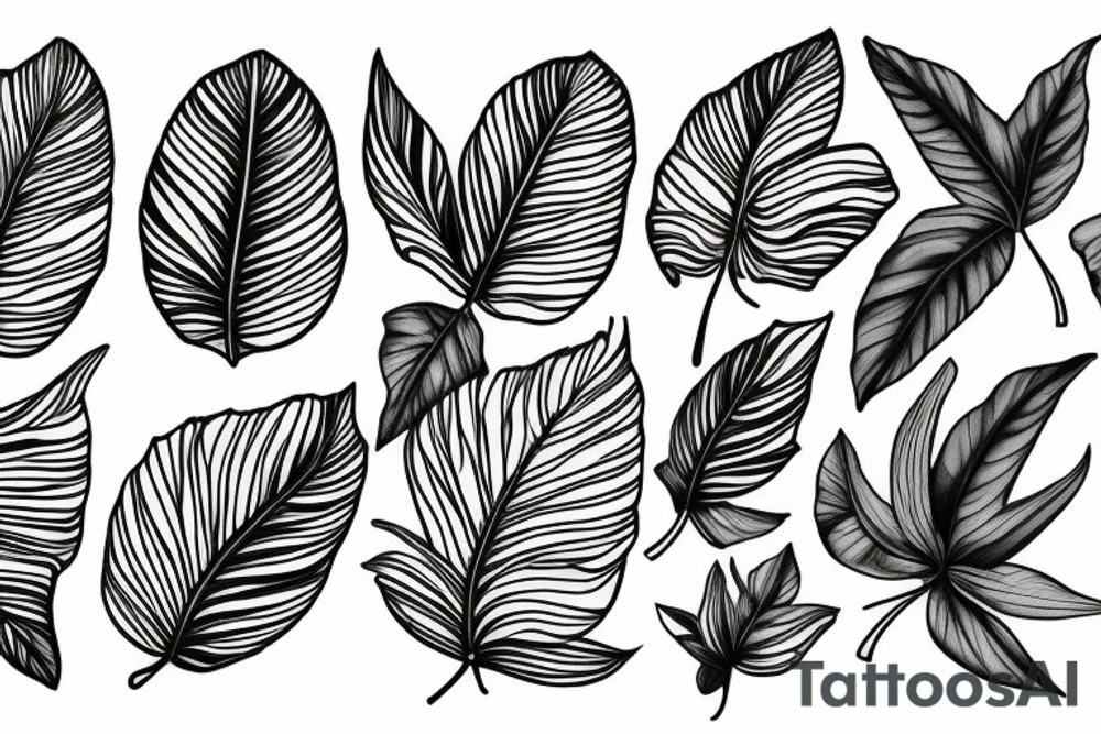 Lys feuilles tropicale fougères feuille de chêne gland pomme de pain tattoo idea