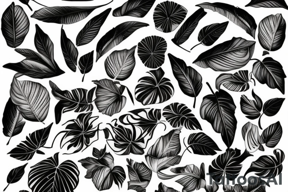Lys feuilles tropicale fougères feuille de chêne gland pomme de pain tattoo idea