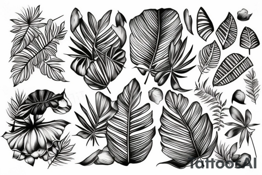 Lys et feuilles tropicales et fougères et feuilles de chêne et gland et pomme de pain tattoo idea