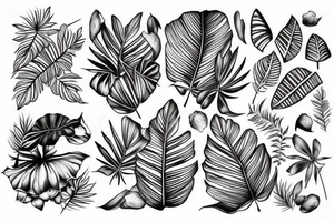 Lys et feuilles tropicales et fougères et feuilles de chêne et gland et pomme de pain tattoo idea