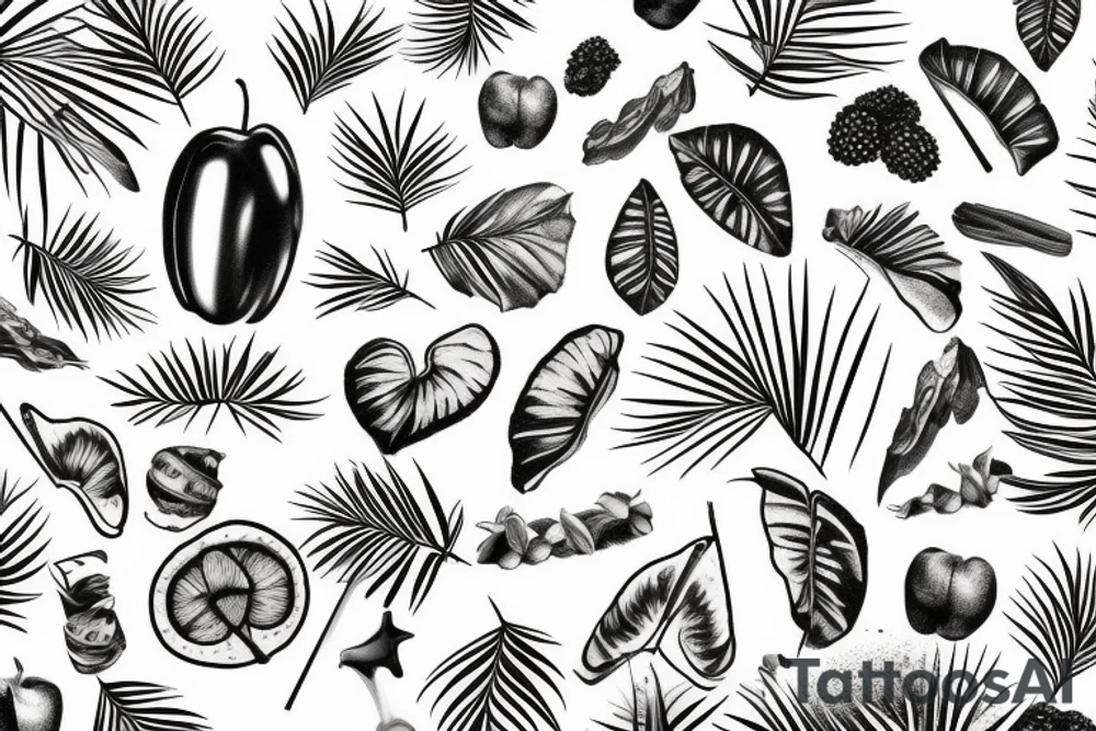 Lys et feuilles tropicales et fougères et feuilles de chêne et gland et pomme de pain tattoo idea