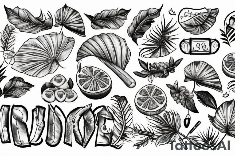 Lys et feuilles tropicales et fougères et feuilles de chêne et gland et pomme de pain old school tattoo idea
