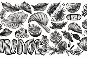 Lys et feuilles tropicales et fougères et feuilles de chêne et gland et pomme de pain old school tattoo idea