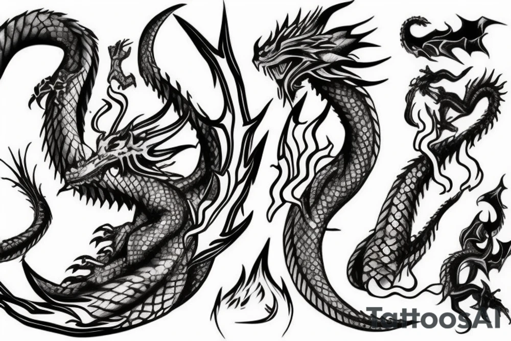Dragon with sword and flames tattoo idea