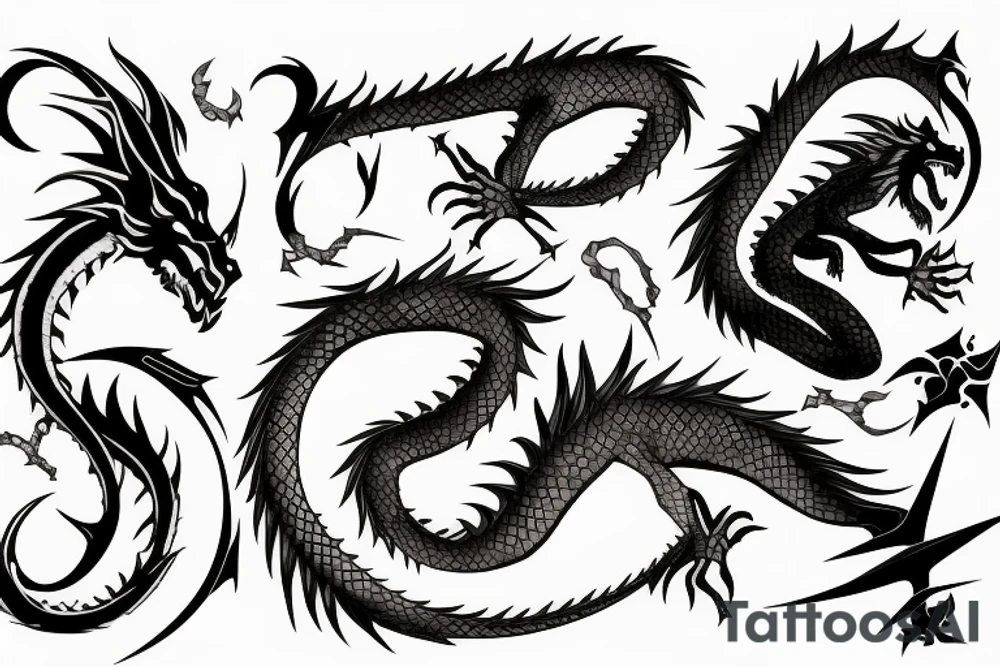 Dragon with sword and flames tattoo idea