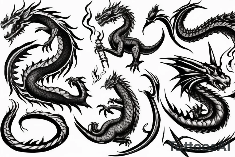 Dragon with sword and flames tattoo idea