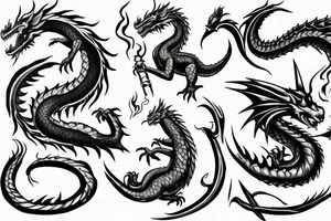 Dragon with sword and flames tattoo idea