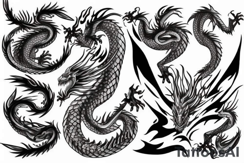 Dragon with sword and flames tattoo idea