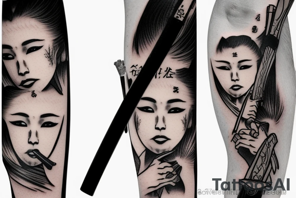 Japanese katana with a girl smoking tattoo idea