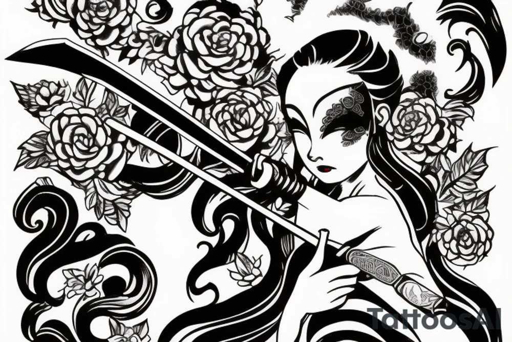 Japanese katana with a girl smoking tattoo idea