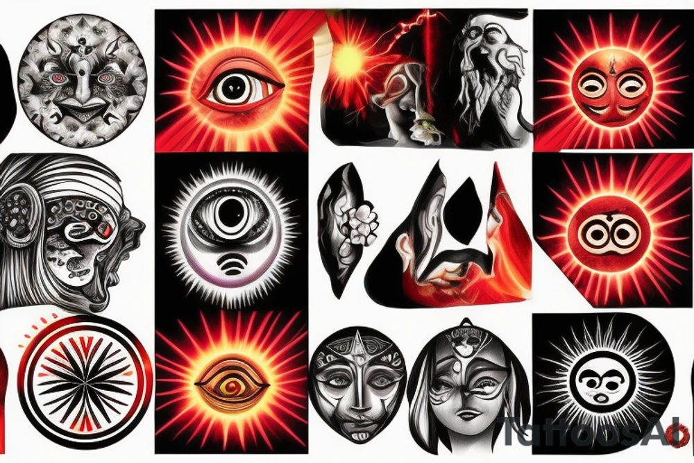 Sun with red flares and a third eye tattoo idea