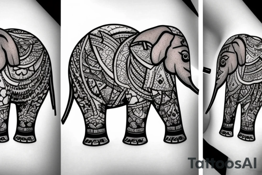 Mom elephant face with two baby elephant faces that have flowers surrounding them and geometric shapes tattoo idea
