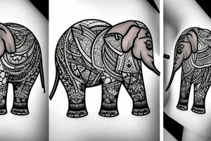 Mom elephant face with two baby elephant faces that have flowers surrounding them and geometric shapes tattoo idea