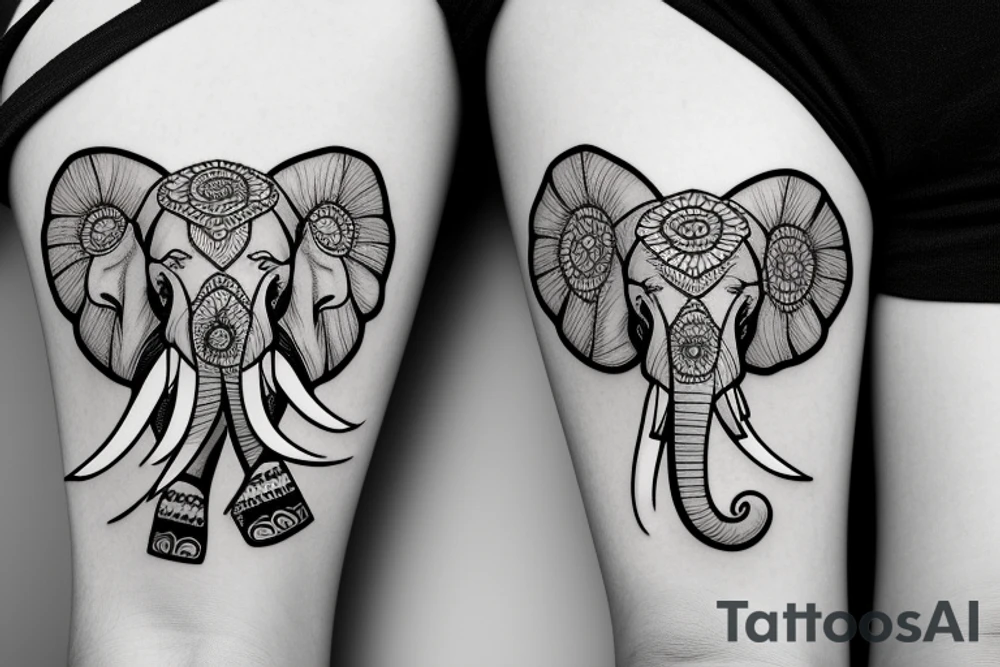 Mom elephant face with two baby elephant faces that have flowers surrounding them and geometric shapes tattoo idea