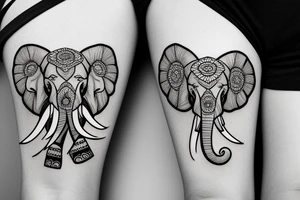 Mom elephant face with two baby elephant faces that have flowers surrounding them and geometric shapes tattoo idea