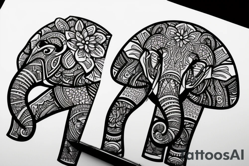 Three elephant faces that have flowers surrounding them and geometric shapes tattoo idea