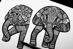 Three elephant faces that have flowers surrounding them and geometric shapes tattoo idea