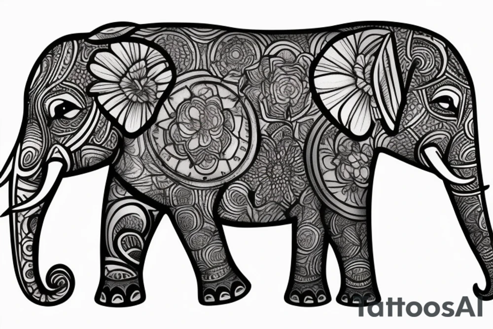 Three elephant faces that have flowers surrounding them and geometric shapes tattoo idea