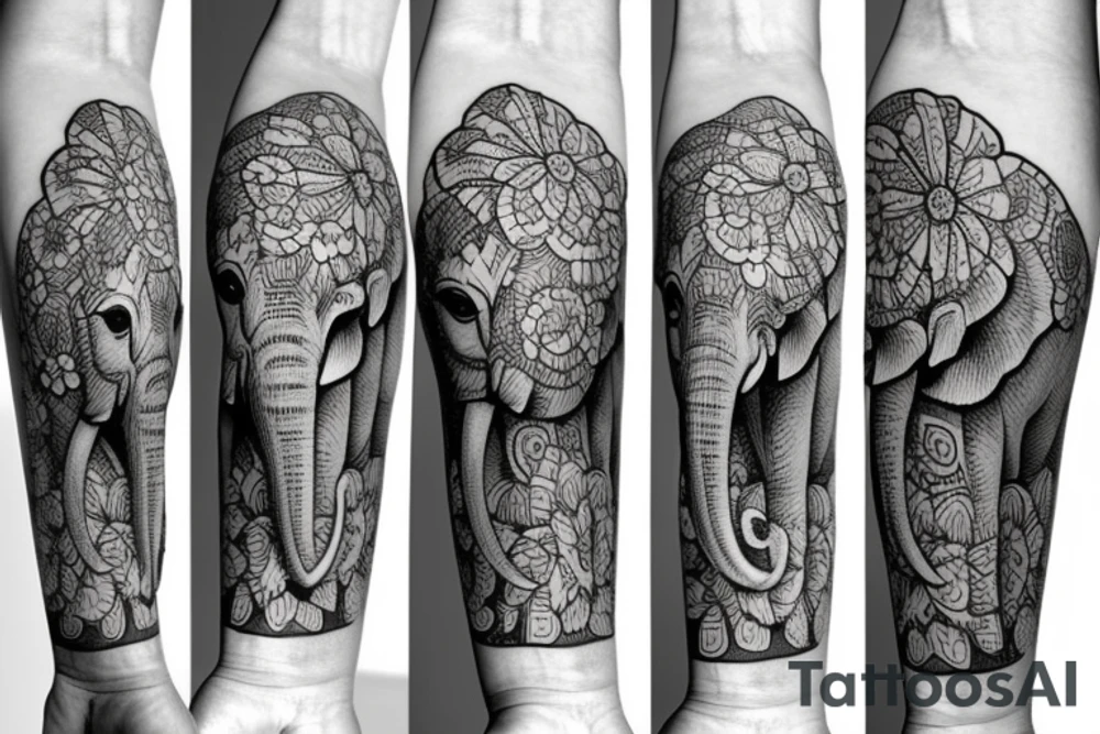 Three elephant faces that have flowers surrounding them tattoo idea