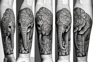 Three elephant faces that have flowers surrounding them tattoo idea