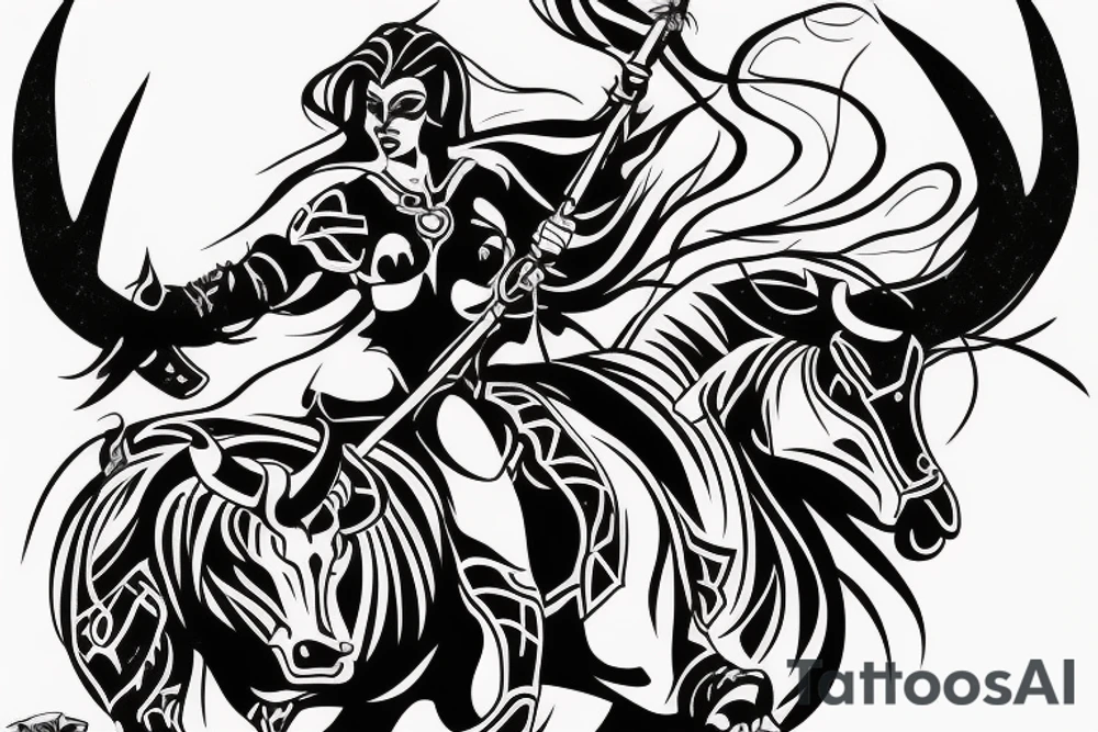 A woman warrior rides a bull running toward me tattoo idea