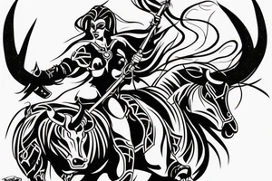 A woman warrior rides a bull running toward me tattoo idea