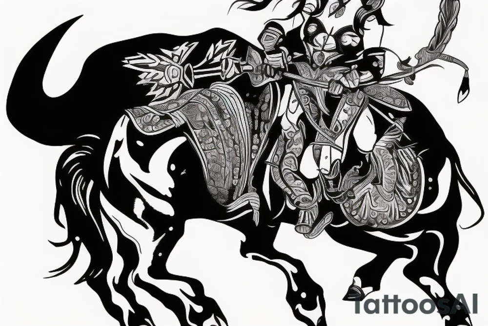 A woman warrior rides a bull running toward me tattoo idea