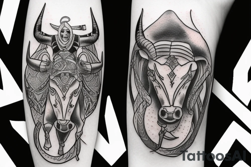 A female warrior rides a bull running toward me tattoo idea