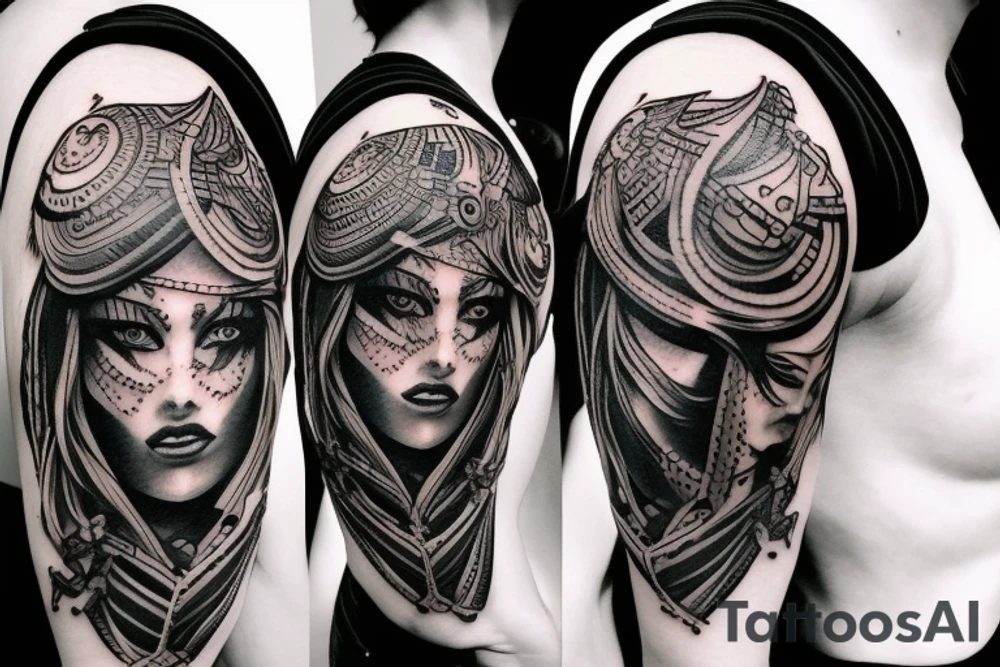 A female warrior rides a bull running toward me tattoo idea