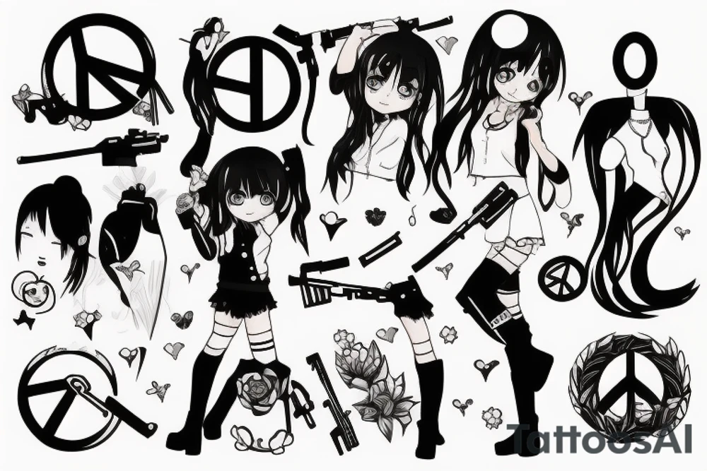 anime girl showing peace sign and holding a gun tattoo idea