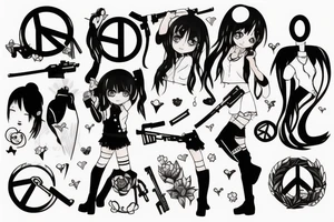 anime girl showing peace sign and holding a gun tattoo idea