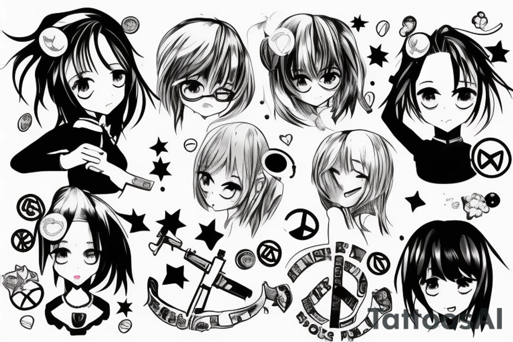anime girl showing peace sign and holding a gun tattoo idea