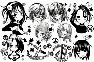 anime girl showing peace sign and holding a gun tattoo idea