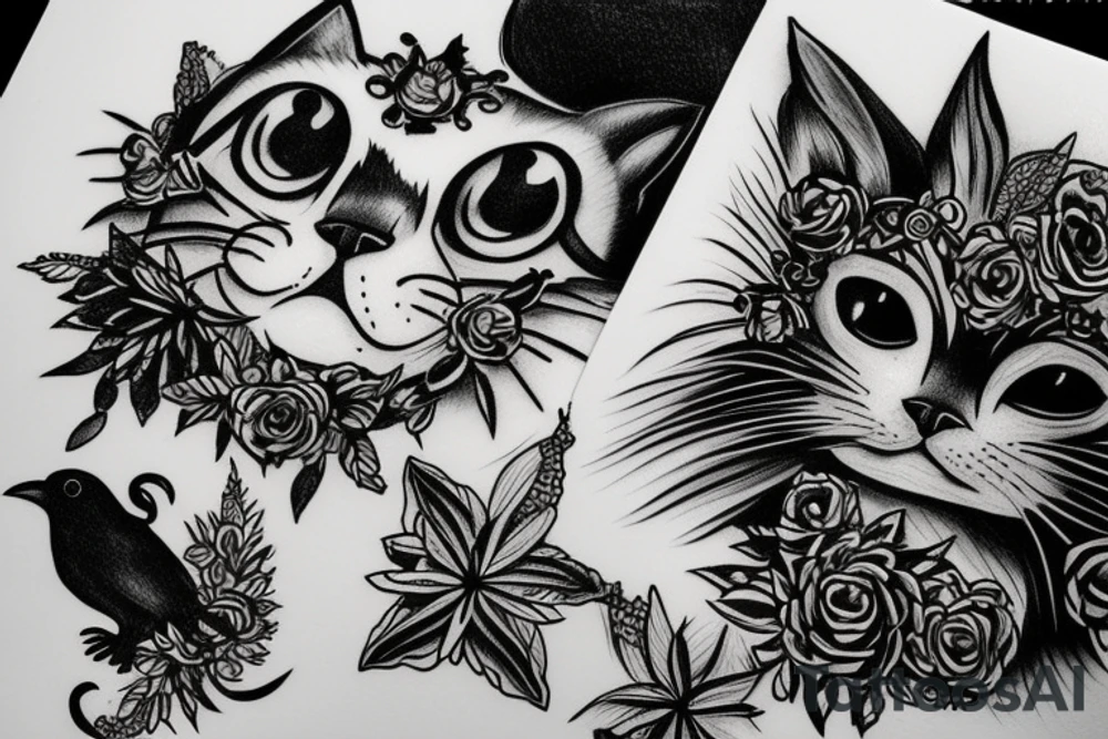 British cat and raven singing tattoo idea