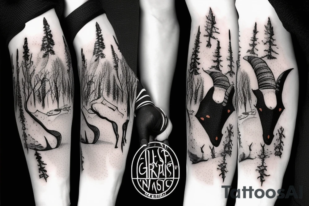 Goat and snowboard in the snow forest tattoo idea