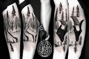 Goat and snowboard in the snow forest tattoo idea