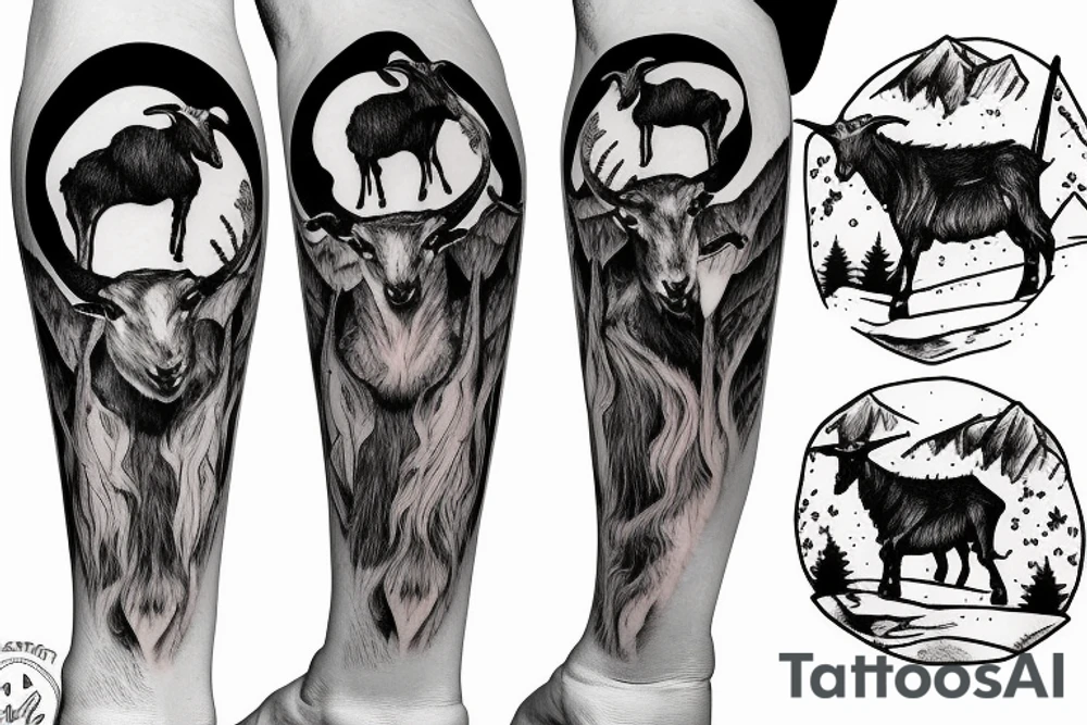 Goat and snowboard in the snow forest tattoo idea