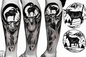 Goat and snowboard in the snow forest tattoo idea