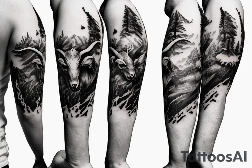 Goat and snowboard in the snow forest tattoo idea
