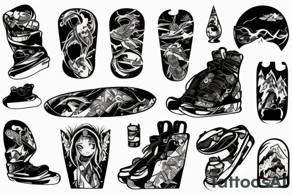 an abandoned snowboard in a mountainous forest tattoo idea