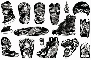 an abandoned snowboard in a mountainous forest tattoo idea