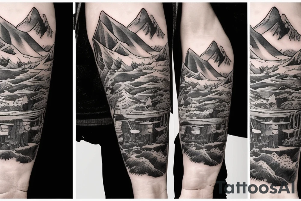 an abandoned snowboard in a mountainous forest tattoo idea