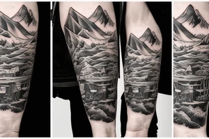 an abandoned snowboard in a mountainous forest tattoo idea