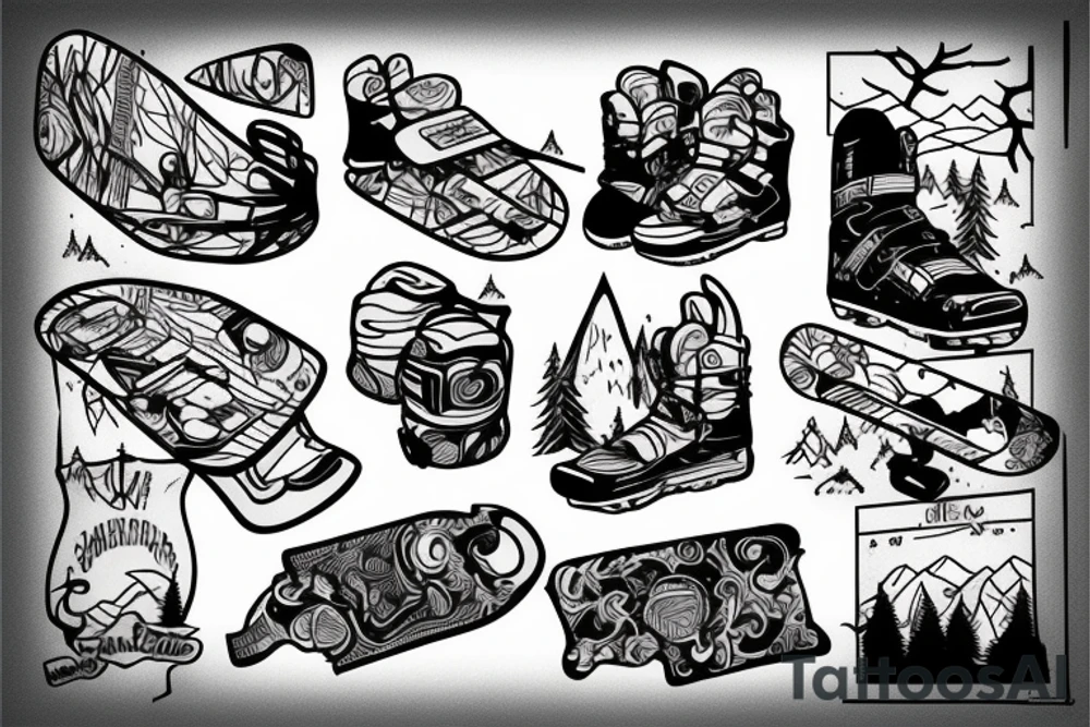an abandoned snowboard in a mountainous forest tattoo idea