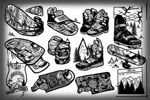 an abandoned snowboard in a mountainous forest tattoo idea